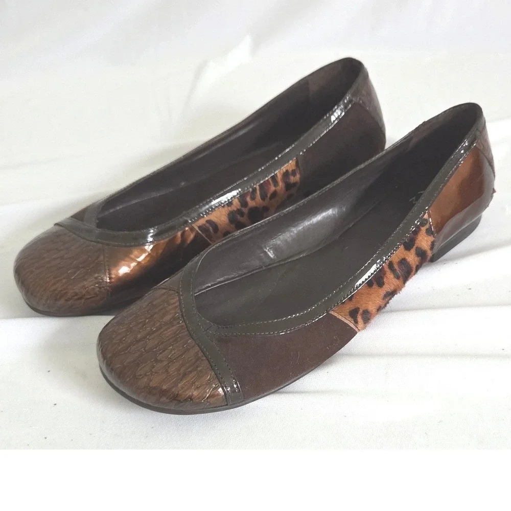 Alex Marie Womens Brown Leopard Print Patent Mixed Media Ballet Flats 8.5M